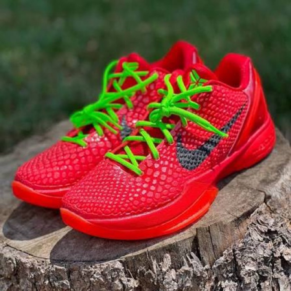 Nike Kobe 6 Protro Reverse Grinch Red and Black Athletic Shoes with Green Laces - Picture 8 of 10